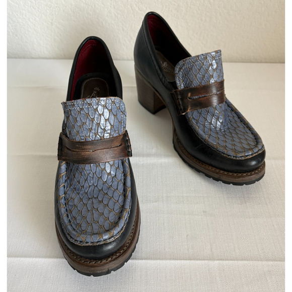 Freebird Steven Bristol Blue Black Snake Leather US 9 Block Heel Dark Academia